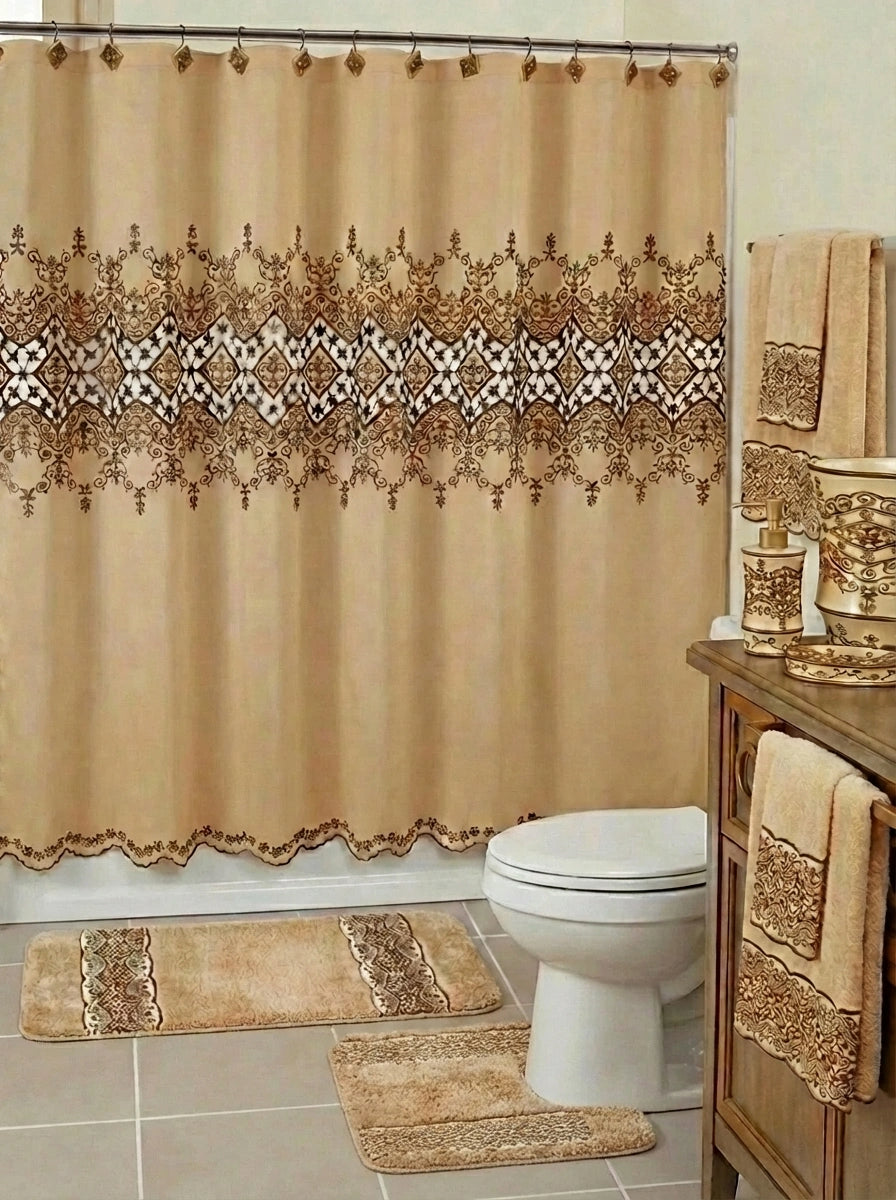 Vivian Beige full bathroom — baroque gold lace shower curtain with matching bath rug, contour rug, towels and accessories styled in elegant warm bathroom