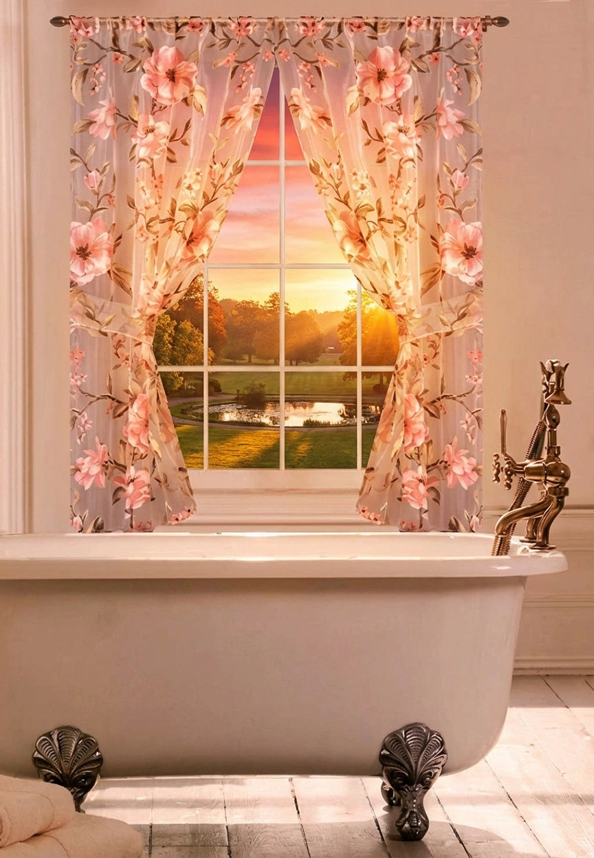 Melrose Window Curtain — Botanical Cherry Blossom Sheer Luxury Panel with Valance & Tie-Backs