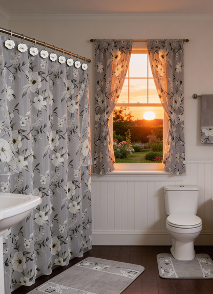 Melrose Shower Curtain — Botanical Floral Embroidered Sheer Luxury Panel with Cherry Blossom Motif